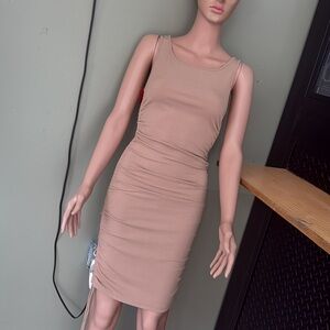 Pink Ruched Sheath Midi Dress with Cowl Neck